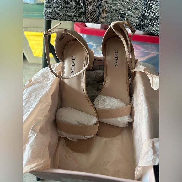 NIB JustFab Tan Heels with Suede Finish and Ankle Strap - Picture 4 of 14